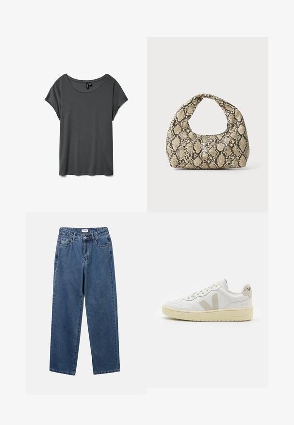 T-shirt grigio a maniche corte con scollatura rotonda ampia, tessuto morbido e vestibilità relax. Senza motivi o dettagli visibili. Texture liscia.; Jeans in denim blu classico con design a gamba dritta, cinque tasche e chiusura con bottone. Presentano un lavaggio medio e una trama robusta.; Sneaker in pelle bianca con dettagli in suede beige, punta perforata, lacci piatti e suola testurizzata color crema. Presenta un logo discreto sul tallone.; Borsa a stampa rettile con manico curvo. Realizzata in materiali testurizzati beige e marroni, presenta un distintivo motivo a rombi.