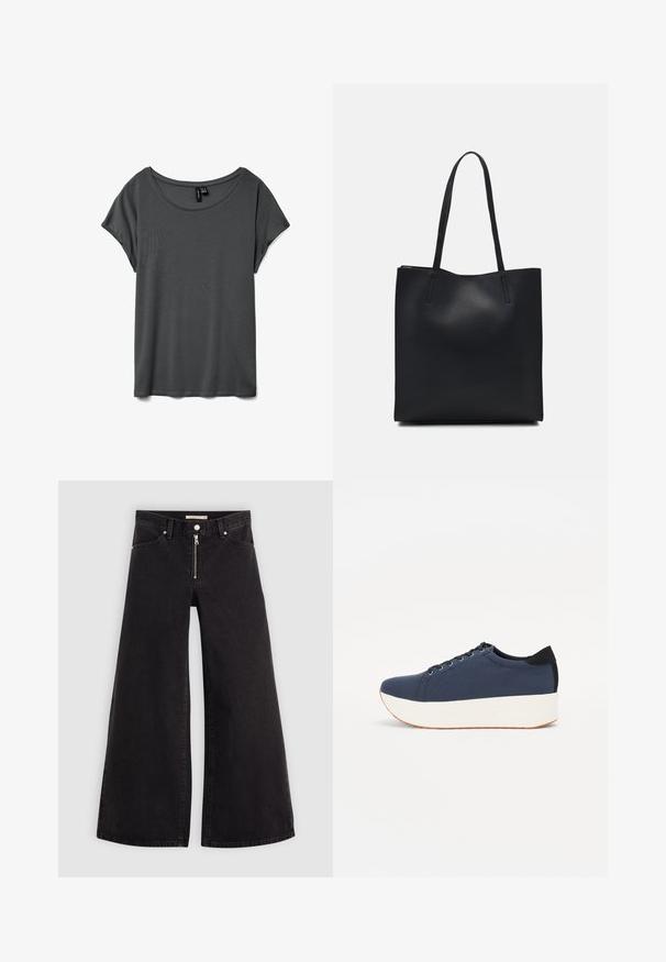 Gray short-sleeve T-shirt with a wide round neck, soft fabric, and relaxed fit. No visible patterns or accents. Smooth texture.; Wide-leg jeans in black denim with a zippered front, five-pocket design, and subtle stitching details. Smooth texture and casual style.; Navy blue sneaker with a textured fabric upper, white platform sole, rounded toe, and black heel accent. Features six eyelets for laces.; Black leather tote bag with smooth texture, rectangular shape, and two long handles. No visible hardware or embellishments.