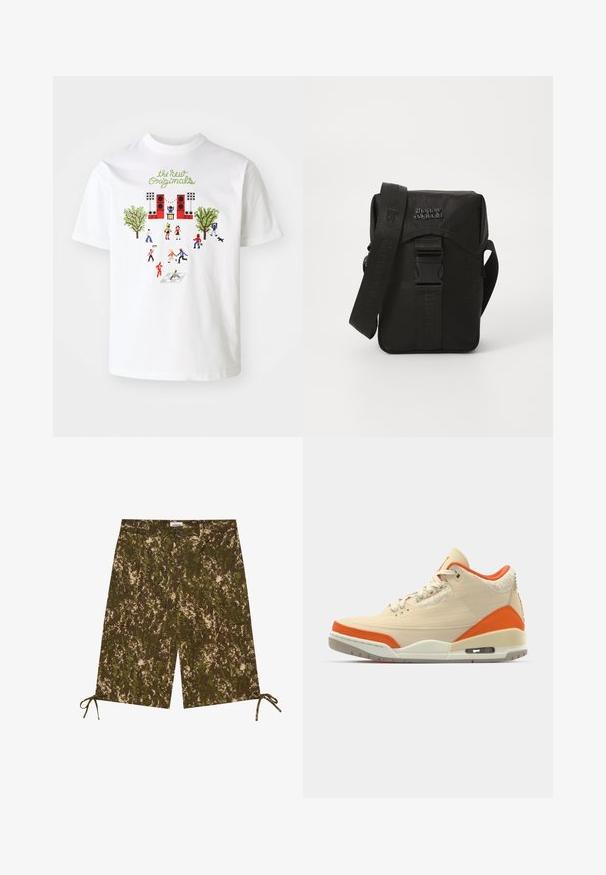 Bela bomba iz bombaža z barvitim grafičnim prikazom ljudi, dreves in odra, z napisom "novi izvirniki" v zeleni barvi nad obliko.; Shorts s kamuflažno vzorcem v odtenkih zelene in rjave, izdelani iz lahkega materiala, s stranskimi žepi in nastavljivimi trakovi na robu.; Bež športni copat z oranžnimi akcenti, platneni zgornji del, strukturirani detajli na peti in vidna zračna enota v podplatu.; Črna najlonska torba za sporočila z sprednjim pokrovom, nastavljivim trakom in plastično zaponko. Ima teksturirano znamčenje na traku in telesu.