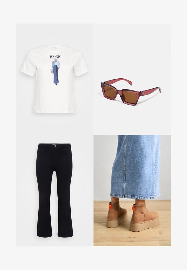 Balts kokvilnas T-krekls ar grafisku ilustrāciju, kurā redzama sieviete zilā jakā un džinsu svārkos, virs kuras drukāts teksts "IKONISKS".; ONLY Carmakoma CARTHUNDER PUSH UP - Džinsi ar paplatinātiem galiem - black denim; Brūni zamšādas platforma zābaki ar elastīgiem sānu paneļiem un oranžām cilpām, apvienoti ar līdz ceļgaliem garu gaišā denima svārku uz koka grīdas.; Sarkaniņi kvadrātveida saulesbrilles ar brūnām lēcām. Izgatavotas no caurspīdīgas plastmasas. Izceļas ar izteiktu stūra dizainu un smalku zīmolu uz tempļa.
