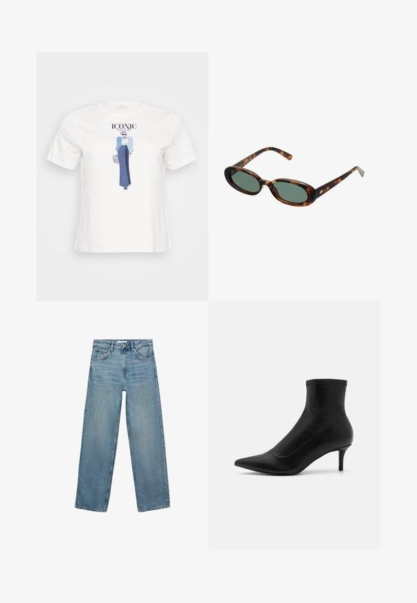 Bijela pamučna majica s grafičkom ilustracijom žene u plavoj jakni i traper suknji, s natpisom "IKONSKI" otisnutim iznad.; Svijetloplave traperice s ravnim nogavicama, visokim strukom, pet džepova i kontrastnim šavovima. Nema ukrašavanja ili uzoraka.; Crne gležnjače izrađene od glatke kože s oštrim nožnim dijelom i kratkim, tankim potpeticama. Imaju besprijekoran dizajn i diskretne šavove.; Sunčane naočale u boji kornjače s ovalnim okvirom i zelenim staklima. Imaju tanke ručke s metalnim detaljem blizu šarki.; Srebrne okrugle naušnice s dizajnom mašne, s glatkom završnom obradom i poliranim teksturama. Kompaktni, minimalistički stil prikladan za različite prilike.