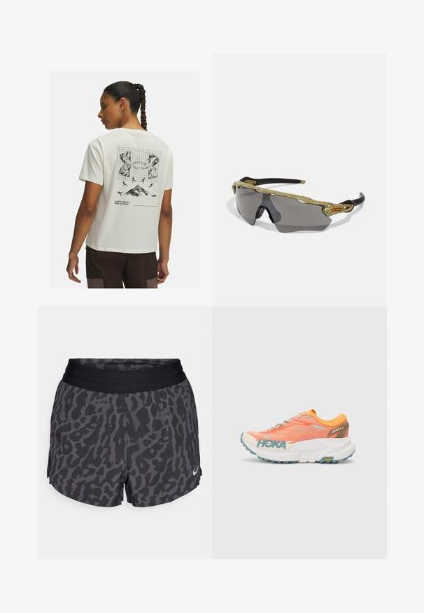 Under Armour TRAIL RUN GRAPHIC - Sportovní tričko - stone; Krátké kalhoty s leopardím vzorem v černé a šedé barvě, s širokým elastickým pasem, s jemným leskem a malým bílým logem Nike na dolním pravém rohu.; Oranžovo-růžová běžecká obuv s mesh svrškem, bílou mezipodešví, Vibram podrážkou a světle modrými akcenty. Na boku je branding HOKA.; Sportovní sluneční brýle s rámem s zeleným vzorem, černými stranami a šedými skly. Design obsahuje obepínající styl s odvážným, sportovním tvarem.