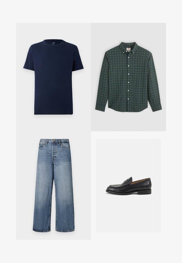 Námornícky modré tričko s krátkym rukávom a okrúhlym výstrihom z bavlny s malým logom GAP potlačeným vo vnútri goliera.; Hematná košeľa s dlhým rukávom, s olivovým, modrým a žltým károvaným vzorom, bielymi gombíkmi a golierom na gombíky.; Široké modré džínsy s vyblednutým umývaním, dizajnom s piatimi vreckami a zapínaním na gombík. S opaskovými pútkami a prešitými detailmi.; Čierne kožené mokasíny s hladkým povrchom, zaoblenou špičkou a dekoratívnym prešívaním na prednej časti. Nízky kokteilový opätok a jemný lesk.