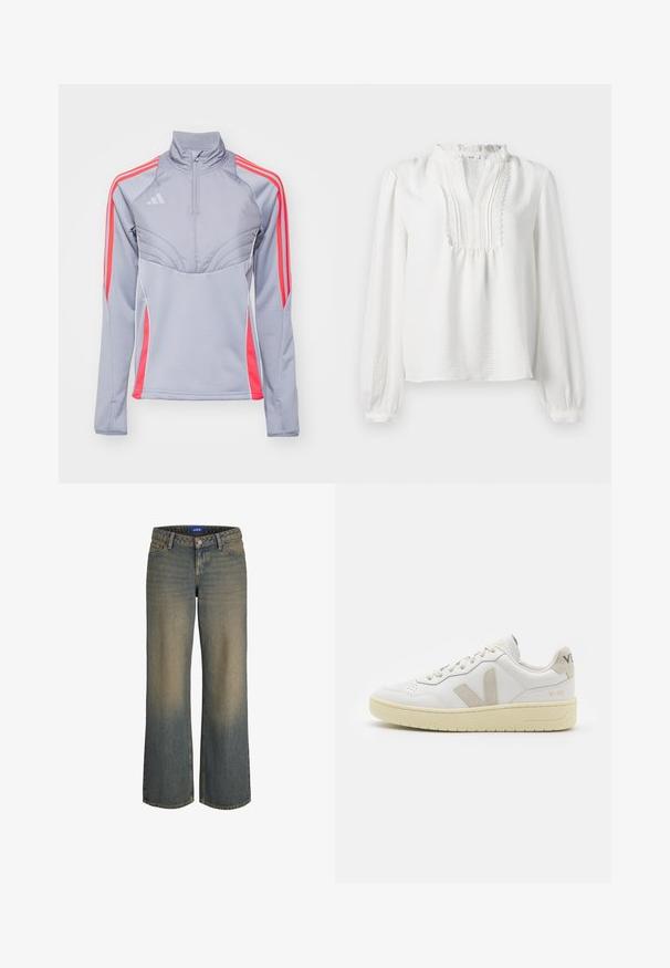 Světle šedá sportovní bunda s růžovými akcenty, vysokým límcem a zipovým uzávěrem. Obsahuje tři pruhy na každém rukávu a texturovaný design.; Bílá halenka s dlouhým rukávem a volánkovým výstřihem, s plisovaným předním detailem a elastickými manžetami. Měkká tkanina s mírně strukturovaným povrchem.; Široké modré denimové džíny s gradientem od světlé k tmavé, designem s pěti kapsami a zapínáním na knoflíky. Šití podél okrajů.; Bílé kožené tenisky s béžovými semišovými akcenty, perforovanou špičkou, plochými tkaničkami a strukturovanou krémovou podešví. Obsahují jemné logo na patě.