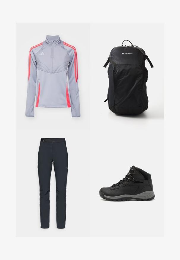 Lichtgrijze sportjack met roze accenten, hoge kraag en ritsfront. Bevat drie strepen op elke mouw en een gestructureerd ontwerp.; Heren buitenbroeken, donkergrijs, gemaakt van flexibel materiaal, met een riem, ritszakken en verstevigde stiksels.; Zwarte wandelschoen met een mid-top ontwerp, voorzien van een gestructureerde bovenkant, grijze accenten en een duurzame rubberen zool met gripnoppen.; Zwarte rugzak van glad nylonmateriaal, met een logo aan de voorkant, verstelbare schouderbanden en netstof zijvakken voor extra opslag.