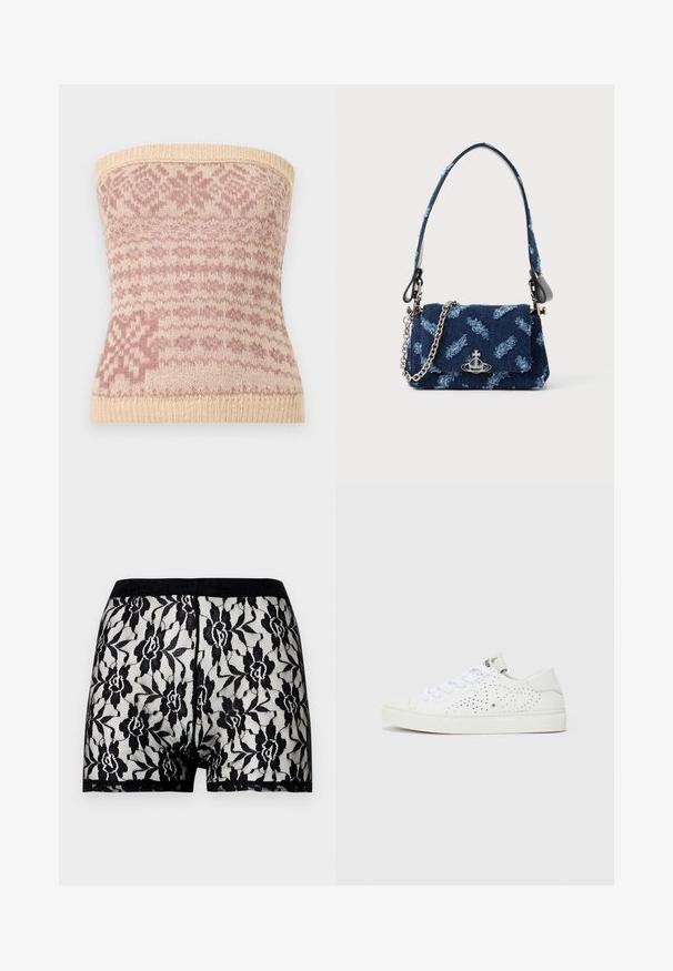 Pleteni bezramni top v bež barvi z rožnatimi geometrijskimi vzorci. Ima ribasto obrobo in mehak teksturiran izgled, primeren za plastenje.; Črne čipkaste kratke hlače s cvetličnim vzorcem in kontrastnim črnim pasom. Prosojna zasnova z mehko teksturo, dolžine do sredine stegen.; Beli nizki športni copati z perforiranim dizajnom, ravnimi vezalkami in teksturiranim gumijastim podplatom. Imajo minimalističen slog in mehak zaključek.; Mornarsko modra torbica iz blaga z teksturiranim dizajnom, srebrno okovje in snemljiva verižica. Ima zaponko na pokrovu in poudarjen logotip.
