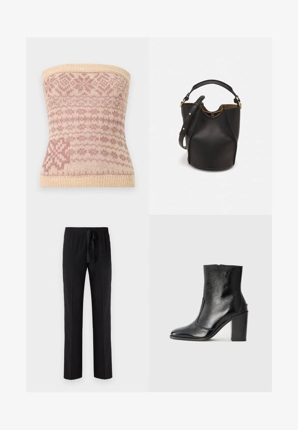 Pletený bezramienkový top v béžovej farbe s ružovými geometrickými vzormi. Má rebrovaný lem a jemnú textúru, vhodný na vrstvenie.; Čierne nohavice s elastickým pásom a nastaviteľným šnúrkou, s rovným strihom a hladkou textúrou. Bez vzorov alebo akcentov.; Čierna kožená kotníková obuv s hladkým povrchom, špicatou špičkou a masívnym vysokým podpätkom. Zdobená bočným otvorom a minimalistickým dizajnom.; Čierna kožená vedro taška s textúrovaným povrchom, zlatými kovovými detailami a otvoreným vrcholom. Obsahuje krátku rukoväť a nastaviteľný ramenný popruh.