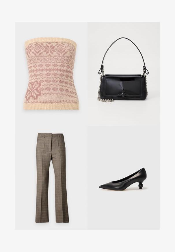 Pletený bezramienkový top v béžovej farbe s ružovými geometrickými vzormi. Má rebrovaný lem a jemnú textúru, vhodný na vrstvenie.; Hnedé kárované nohavice so strihom rovného nohu, s textúrovanou tkaninou a jemnými farbami béžovej a tmavších hnedých odtieňov v celom vzore.; Čierna kožená vysoká topánka na podpätku s ostrým špičkou a okrúhlym, guľatým podpätkom. Hladký povrch s moderným, minimalistickým dizajnom.; Čierna laková kožená kabelka s obdĺžnikovým tvarom, reťazovým popruhom a výrazným hardvérovým prvkom v strede. Hladká textúra.