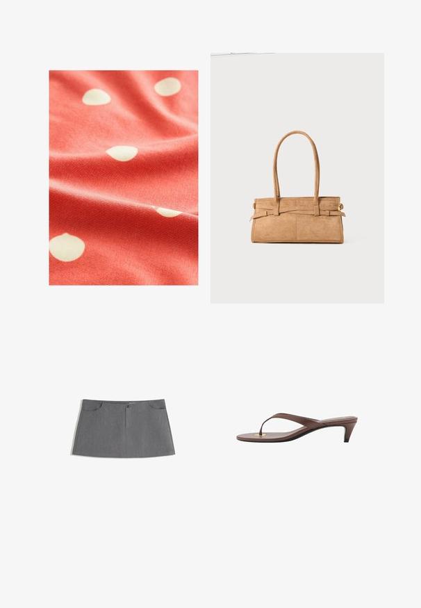 Tessuto corallo con pois bianchi, caratterizzato da una texture morbida e una superficie leggermente rigata, drappeggiato per mostrare la sua fluidità e il suo pattern.; Gonna grigia con taglio dritto, due tasche frontali, chiusura con bottone frontale e un sottile motivo di texture.; Infradito con tacco marroni, dotati di una fascia sottile e un puntale arrotondato, con un piccolo dettaglio dorato sulla soletta.; Borsa in suede tan con due manici lunghi, forma rettangolare e cuciture decorative. Presenta una tracolla laterale e sottili dettagli in oro.