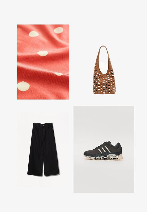 Coral fabric with white polka dots, featuring a soft texture and a slightly ribbed surface, draped to show its fluidity and pattern.; Bershka WIDE-LEG - Wide Leg - black; Black athletic shoe with a textured upper, three silver stripes, and a distinctive cushioning sole featuring multiple integrated sections.; Brown suede handbag with large circular cutouts and metallic accents. Pronounced hobo shape with a single shoulder strap, smooth texture.