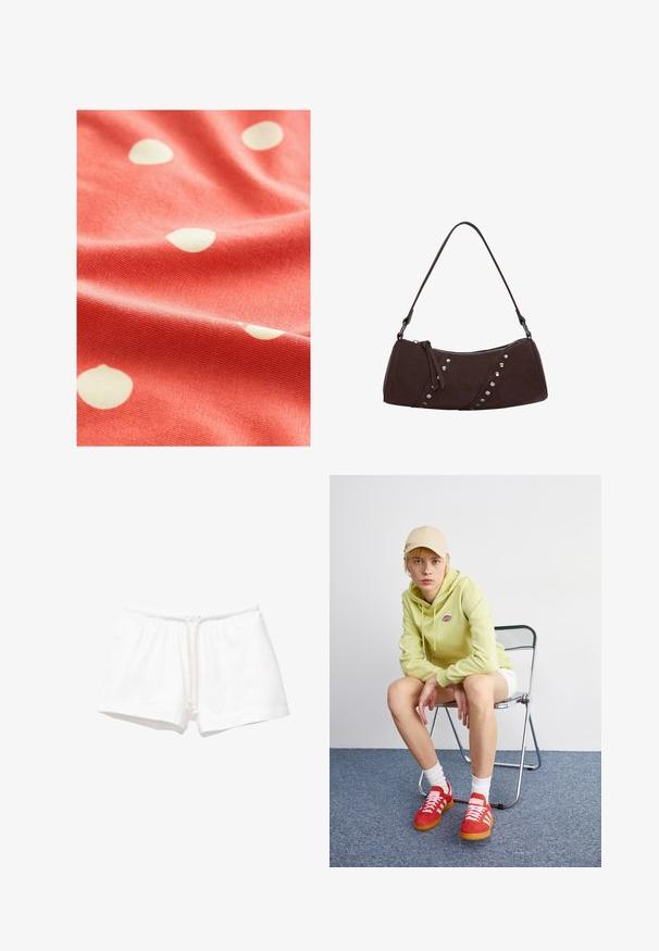 Coral fabric with white polka dots, featuring a soft texture and a slightly ribbed surface, draped to show its fluidity and pattern.; White cotton shorts with an elastic waistband and drawstring, featuring a smooth texture and no patterns or additional accents.; Light green hoodie with logo, white shorts, red sneakers with white stripes, sitting on a chrome folding chair against a neutral background.; Brown synthetic leather handbag with a curved shape, zipper closure, and decorative silver studs along one side. Features a short shoulder strap.