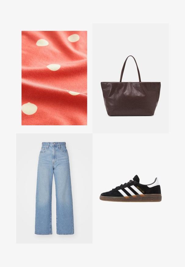 Korallenfarbener Stoff mit weißen Punkten, der eine weiche Textur und eine leicht gerippte Oberfläche aufweist, drapiert, um seine Fluidität und das Muster zu zeigen.; Hellblaue High-Waist-Weite-Leg-Jeans mit Knopf- und Reißverschluss vorne, Vorder- und Rückentaschen, auf weißem Hintergrund.; Schwarzer Adidas Sneaker mit weißen Streifen, goldenem "Spezial"-Text, Gummisohle und weißem Fersenbereich, seitliche Ansicht.; Braune geflochtene Leder-Totetasche mit zwei Griffen, einer strukturierten Form und einer strukturierten Oberfläche, die ein durchgängiges Rautenmuster aufweist.