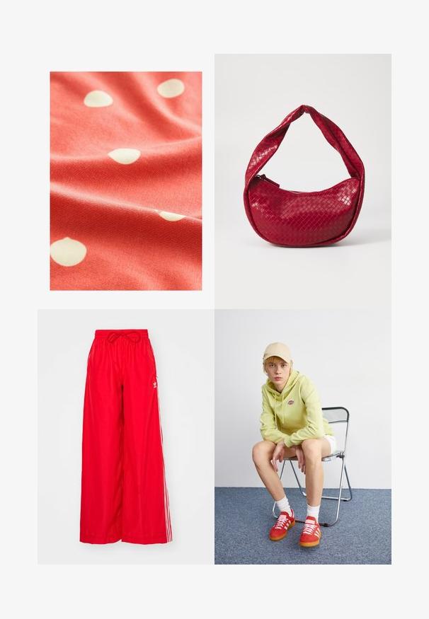 Tessuto corallo con pois bianchi, caratterizzato da una texture morbida e una superficie leggermente rigata, drappeggiato per mostrare la sua fluidità e il suo pattern.; Pantaloni larghi rossi realizzati in tessuto leggero, con strisce laterali bianche e una vita elastica con coulisse.; Felpa verde chiaro con logo, pantaloni corti bianchi, scarpe rosse con strisce bianche, seduto su una sedia pieghevole in cromo contro uno sfondo neutro.; Borsa a tracolla in pelle intrecciata rossa con manico curvo e imbottito, chiusura a zip e finitura testurizzata, con una lucentezza brillante.