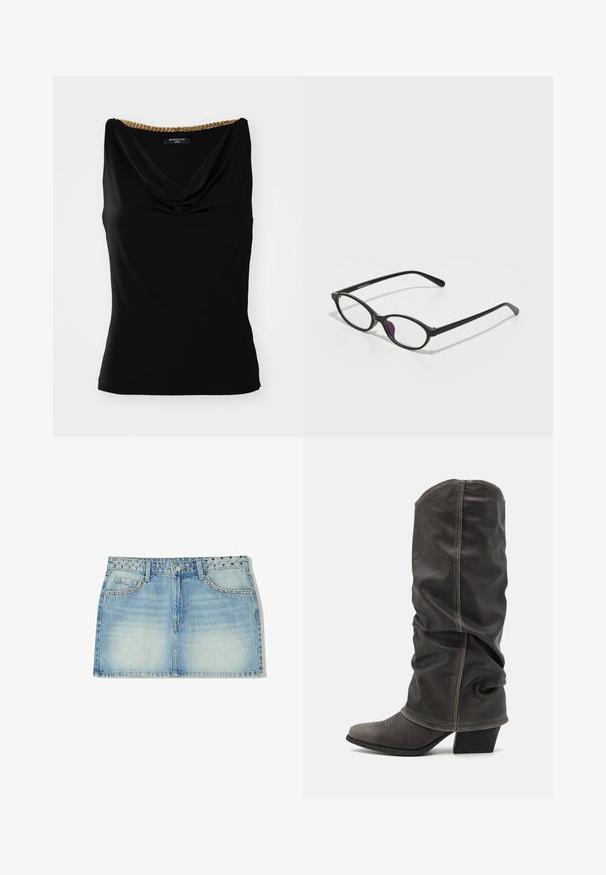Černý bezrukávový top s volným výstřihem a zlatým řetízkovým akcentem na rameni. Vyrobeno z hladkého materiálu s přiléhavým střihem.; Džínová minisukně ve světle modré barvě, vybavená páskem se cvočky, dvěma předními kapsami a rovnou siluetou s vybledlým vzhledem.; Šedé kožené vysoké boty po lýtka s volným designem, špičatou špičkou a vyvýšeným podpatkem. Výrazné prošívání v oblasti špičky.; Černé plastové brýle oválného tvaru, vybavené průhlednými čočkami a jedním fialovým akcentem na levé čočce. Elegantní, minimalistický design.