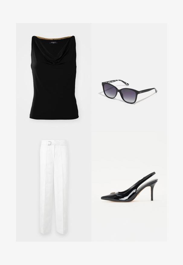 Top nero senza maniche con scollo drappeggiato e un dettaglio in catena dorata sulla spalla. Realizzato in tessuto morbido con una vestibilità attillata.; Pantaloni bianchi su misura con gamba larga, passanti per cintura e una cintura con fibbia in argento. Realizzati in tessuto leggero con una texture liscia.; Tacchi slingback in pelle verniciata nera con punta affusolata, sottile tacco a stiletto e decorazione sulla tomaia.; Occhiali da sole neri con lenti sfumate, forma quadrata e un'asta con un motivo testurizzato bianco e nero. Presentano un accento del logo in argento.