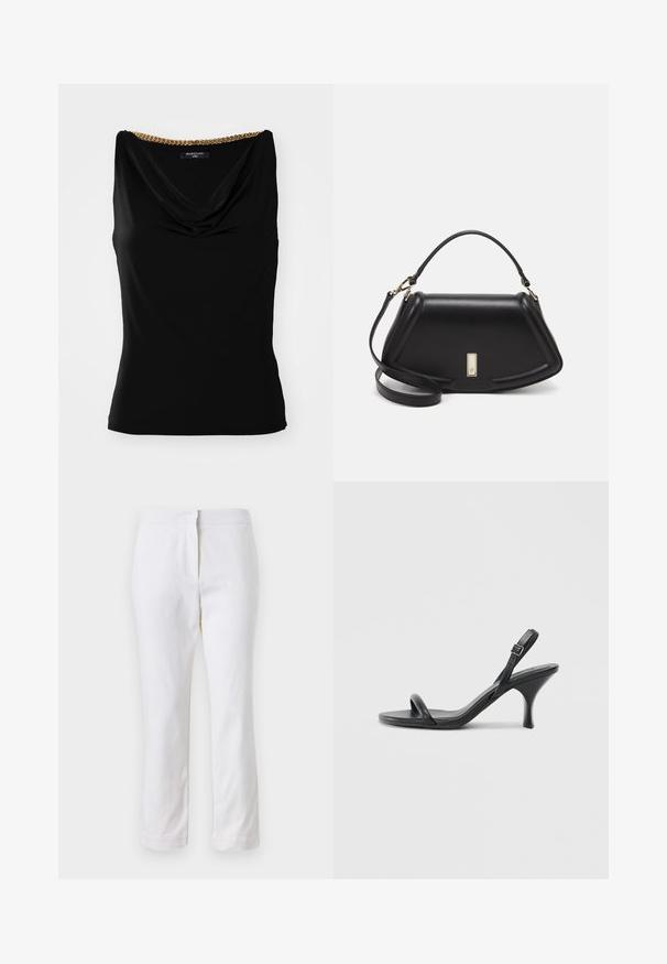 Schwarzes ärmelloses Oberteil mit einem drapierten Ausschnitt und einem goldenen Kettenakzent an der Schulter. Hergestellt aus glattem Stoff mit einer figurschmeichelnden Passform.; Weiße Baumwollhose mit geradem Bein, mittelhoher Taille und ohne sichtbare Beschläge oder Muster. Glatte Textur auf der gesamten Fläche.; Schwarze Leder-Sandalen mit hohen Absätzen, schlankem, gebogenem Absatz und gekreuztem Riemendesign. Verstellbarer Knöchelriemen. Glatte Textur.; Schwarze Lederhandtasche mit einem strukturierten Design, das eine verkürzte Form, einen oberen Griff und goldfarbene Hardware-Details aufweist. Verstellbarer Schulterriemen ist enthalten.