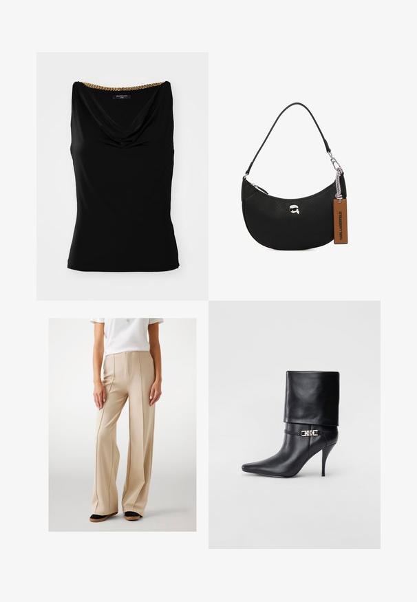 Juodas be rankovių marškinėlis su drapiruotu iškirpimu ir auksine grandinėle ant peties. Pagamintas iš sklandaus audinio, turintis prigludusį pjūvį.; Kreminės plačių kojų kelnės, pagamintos iš lygios medžiagos, su priekyje esančiomis raukšlėmis ir aukštu liemeniu. Derinamos su juodais ir ruda plokščiadugniu bateliais.; Juodos odinės kulkšninių botų su smailiu nosiu, aukštu stiletto kulnu, apvyniojamu kraštu ir auksine dekoratyvine sagtimi prie kulkšnies.; Juodas odinis rankinės su grublėta tekstūra, išlinkusia forma, viršutiniu užtrauktuku, sidabrinėmis detalėmis ir rudąja etiketė. Pabrėžtas logotipo akcentas.