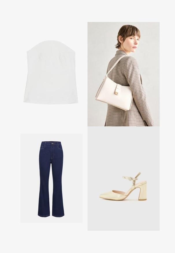 Bela brezramna majica iz mehkega materiala, s gladko teksturo, prilegajočim oblikovanjem in subtilnimi gubanimi detajli okoli prsi.; Temno modri kavbojasti široki hlače z visokim pasom, standardno zapiranje na gumb in sprednjimi žepi. Imajo kontrastne šive in gladko teksturo.; Zlata metalna visoka obuća s šiljastim nosom, remenom oko gležnja s kružnim kopčom i dizajnom debljeg potplata. Glatka tekstura.; Bela usnjena torba s strukturirano zasnovo, opremljena z magnetnim zapiranjem in naramnico, prikazana na nevtralni ozadju.