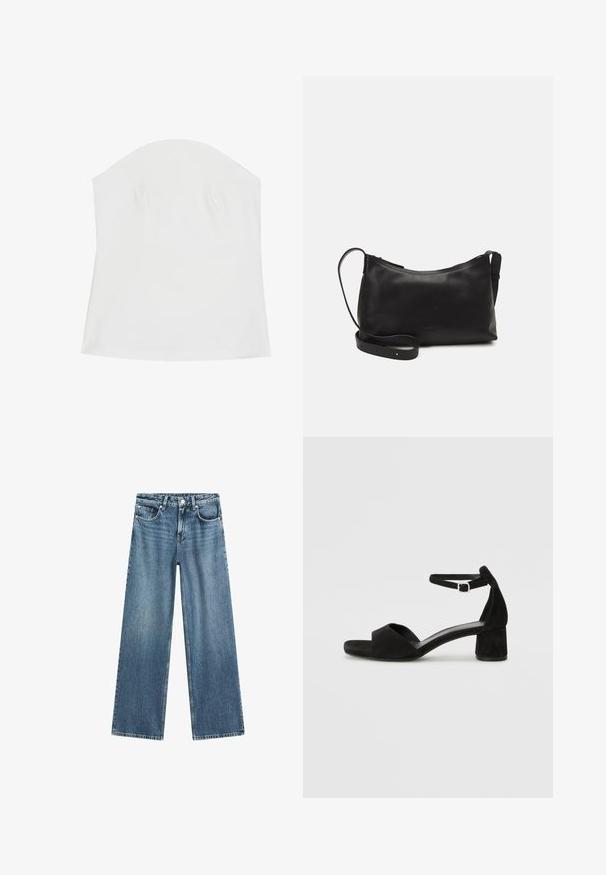 Bílý top bez ramínek vyrobený z měkké látky, s hladkou texturou, přiléhavým střihem a jemným nařasením kolem výstřihu.; Světle modré džíny širokého střihu s vysokým pasem, pěti kapsami a zapínáním na knoflík. Látka má mírně vybledlý vzhled.; Černé sametové sandály na podpatku s tenkým řemínkem kolem kotníku, otevřenou špičkou a skromným blokovým podpatkem. Hladká textura a minimální akcenty.; Černá kožená taška přes rameno s hladkým povrchem, zakřiveným tvarem, nastavitelným popruhem a zipovým uzávěrem. Minimalistický design bez zdobení.