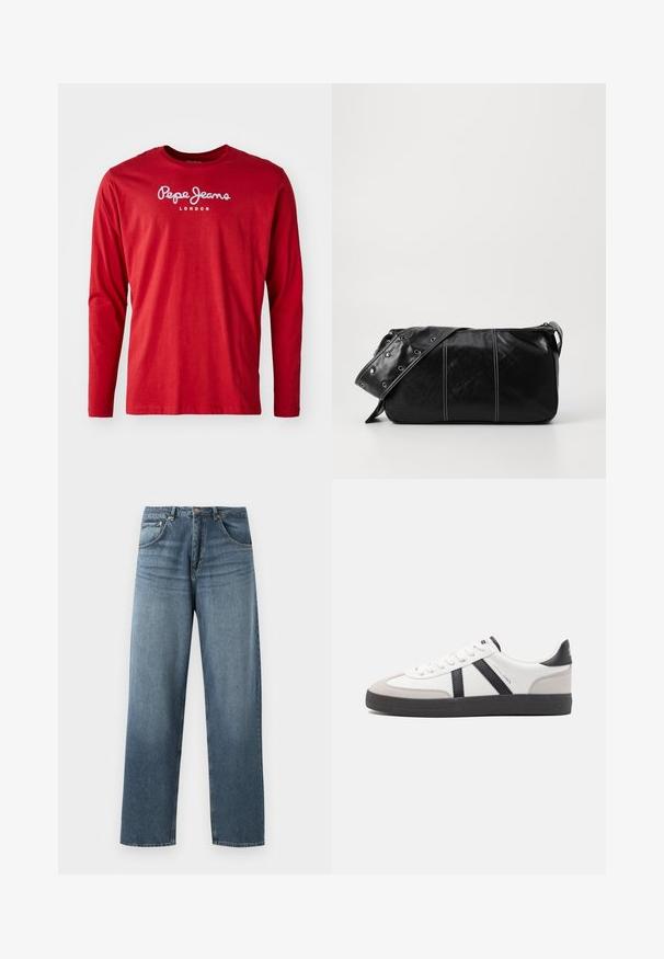 Piros, hosszú ujjú, kerek nyakú póló, fehér "Pepe Jeans London" logóval a mellkasán, fehér háttér előtt.; Egyenes szárú kék denim farmernadrág, kopott mosással, öt zsebes kivitelezéssel, fém gombbal és övhurkokkal. Közepes súlyú, strukturált anyag.; Fehér sneaker fekete és szürke részletekkel, textúrált szürke orr résszel, fekete gumitalppal és lapos fehér fűzőkkel. Tiszta dizájn, minimalista stílus.; Fekete bőr válltáska, cipzárral zárva, texturált felülettel, fehér varrással és ezüst fémgyűrűs pánttal.