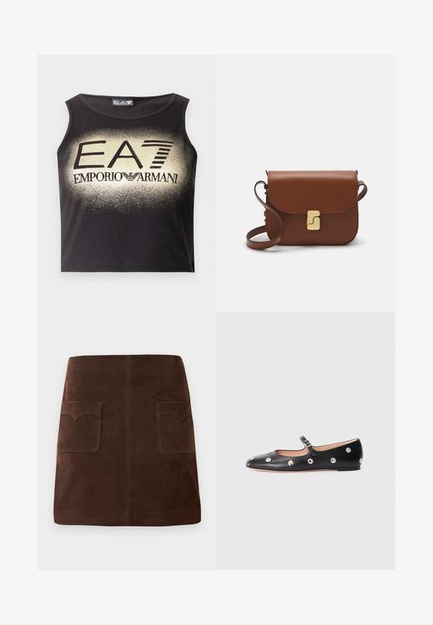 Čierny krátky top bez rukávov z hladkej bavlny s výrazným zlatým gradientovým logom "EA7 EMPORIO ARMANI" umiestneným v strede.; Hnedá semišová sukňa s klasickým A-silhouette, dvoma prednými vreckami so zaoblenými klapkami a jemnými detailmi prešitia.; Čierne kožené baleríny typu Mary Jane s okrúhlou špičkou, so striebornými kruhovými cvokmi a nastaviteľným remienkom so sponou.; Hnedá kožená kabelka s klopou, zlatými kovovými prvkami, ramenným popruhom a hladkým povrchom. Kompaktný obdĺžnikový tvar.