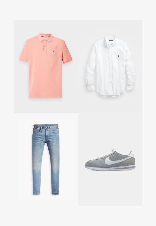 Polo krekls gaiši korallā, kokvilnas materiāls, īsas piedurknes, trīs pogu apmale, diskrēts logo izšūts uz krūškurvja, gluda tekstūra.; Balta garām piedurknēm pogājamā krekla izgatavots no kokvilnas. Iezīmē klasisku apkakli, poga aproces un mazu tumši zilu izšūtu logo uz krūšu.; Gaiši zili pieguļoši džinsi ar nelielu izbalēšanu uz gurniem, ar pogu aizdari priekšā, jostas cilpām un piecu kabatu stilu uz baltā fona.; Pelēkie sporta apavi ar zamša un tekstila augšu, balto Nike logotipu un baltiem šņorēm. Iezīmējas ar strukturētu gumijas zoli un mīkstu apkaklīti.