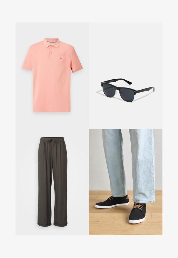 Polo à col en corail clair, en coton, à manches courtes, avec patte de boutonnage à trois boutons, logo subtil brodé sur la poitrine, texture lisse.; Pantalons larges gris foncé avec taille à cordon, fabriqués dans un tissu doux et texturé, présentant des ourlets retroussés aux chevilles.; Baskets en toile noires avec des accents marron, semelles en caoutchouc blanches et lacets marron, associées à un jean droit bleu clair. Fond en bois.; Lunettes de soleil noires de forme rectangulaire, verres foncés, accents argentés aux tempes et finition mate sur la monture.