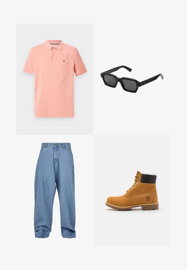 Polo skjorte i lyserød koralfarve, lavet af bomuldsmateriale, med korte ærmer, tre-knaps åbning, diskret logo broderet på brystet, glat tekstur.; Lysblå denimbukser med løst fit, knaplukning, forlommer og cuffed kant, der har et klassisk fem-lomme design.; Brune læder ankelstøvle med metaløjer, hvid pelsforing, sort polstret krave, robust sål og præget logo på siden.; Sorte, firkantede solbriller med grå linser. Tykt plastisk stel med guld detaljer og branding på stangen. Glat tekstur.
