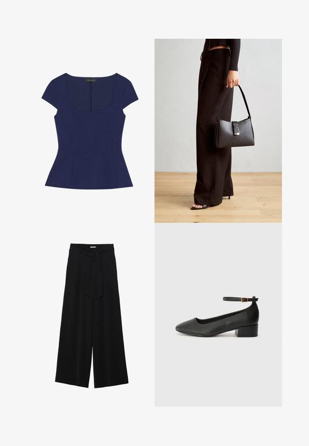 Top fitted blu navy a maniche corte con scollatura a barca e dettagli delle cuciture sottili, etichettato Anna Field.; Pantaloni neri a gamba larga caratterizzati da un tessuto testurizzato, una vita elastica e una cintura staccabile per una vestibilità regolabile.; Pump in pelle nera con punta affusolata e tacco basso a blocco. Presenta una cinghia alla caviglia con una fibbia in tonalità oro. Texture liscia.; Borsa nera con forma strutturata, texture liscia e una chiusura metallica. Abbinata a pantaloni neri larghi e sandali open-toe su un pavimento in legno.