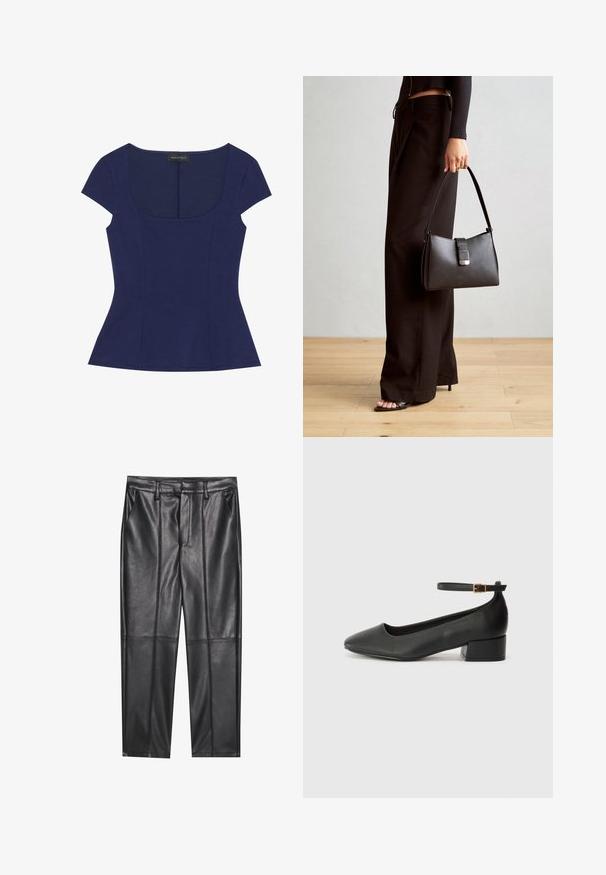 Jūras zila pieguloša īsām piedurknēm augšdaļa ar izgriezumu un maziem šuvju detalizējumiem, ar etiķeti Anna Field.; Melni ādas bikses ar gludu tekstūru, taisnas piegriezuma, divi priekšējie kabatas un redzami šuvju izstrādājumi.; Melnas ādas sūkņi ar smailu purngalu un zemu bloku papēdi. Iezīmēts ar potītes siksniņu ar zelta krāsas sprādzi. Gluda tekstūra.; Melnā somiņa ar strukturētu formu, gludu tekstūru un metālu sprādzi. Saskaņota ar platām melnām biksēm un sandālēm ar atvērtu purngalu uz koka grīdas.