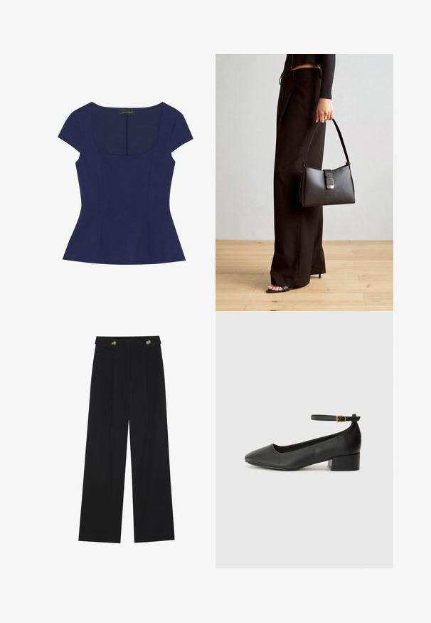 Jūras zila pieguloša īsām piedurknēm augšdaļa ar izgriezumu un maziem šuvju detalizējumiem, ar etiķeti Anna Field.; Melnas platās bikses ar augstu jostasvietu, pogu detaļām uz jostas un priekšējām krokām.; Melnas ādas sūkņi ar smailu purngalu un zemu bloku papēdi. Iezīmēts ar potītes siksniņu ar zelta krāsas sprādzi. Gluda tekstūra.; Melnā somiņa ar strukturētu formu, gludu tekstūru un metālu sprādzi. Saskaņota ar platām melnām biksēm un sandālēm ar atvērtu purngalu uz koka grīdas.