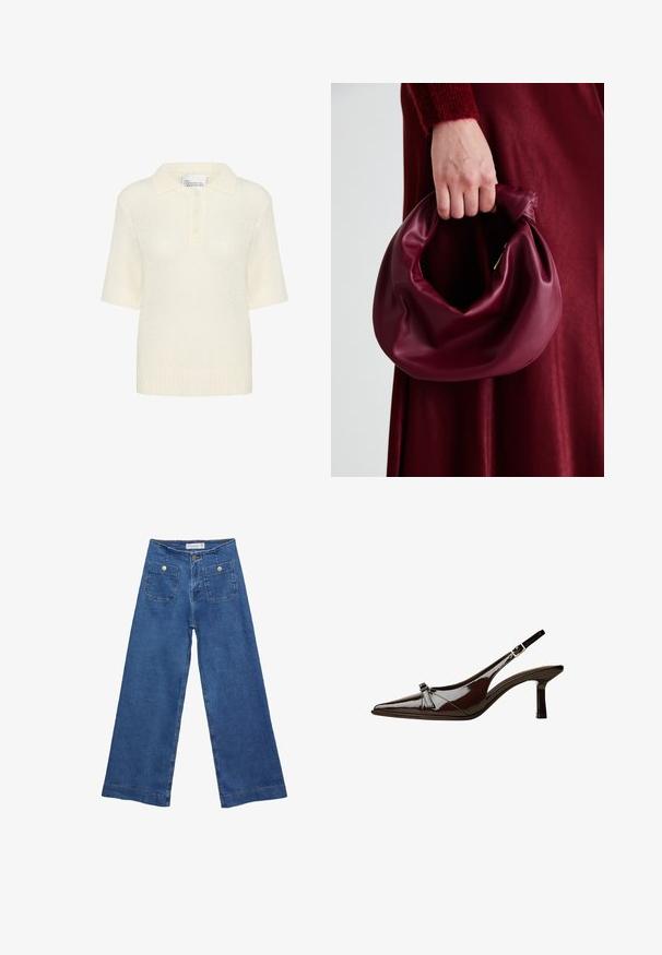 Polo svetr s krátkým rukávem v krémové barvě, s texturovaným pletením, žebrovaným límcem a třemi knoflíky na léze. Lehký materiál.; Džínové kalhoty širokého střihu s středně modrým omakem, dvěma předními kapsami se zapínáním na knoflíky a prošíváním podél lemů.; Hnědé lakované sandály s špičatou špičkou, nízkým podpatkem a dekorativní mašlí na přední části. Hladký, lesklý povrch.; Burgundská kožená kabelka s měkkým, nabíraným designem a zaobleným tvarem. Ucho je zajištěné a vykazuje hladkou texturu.