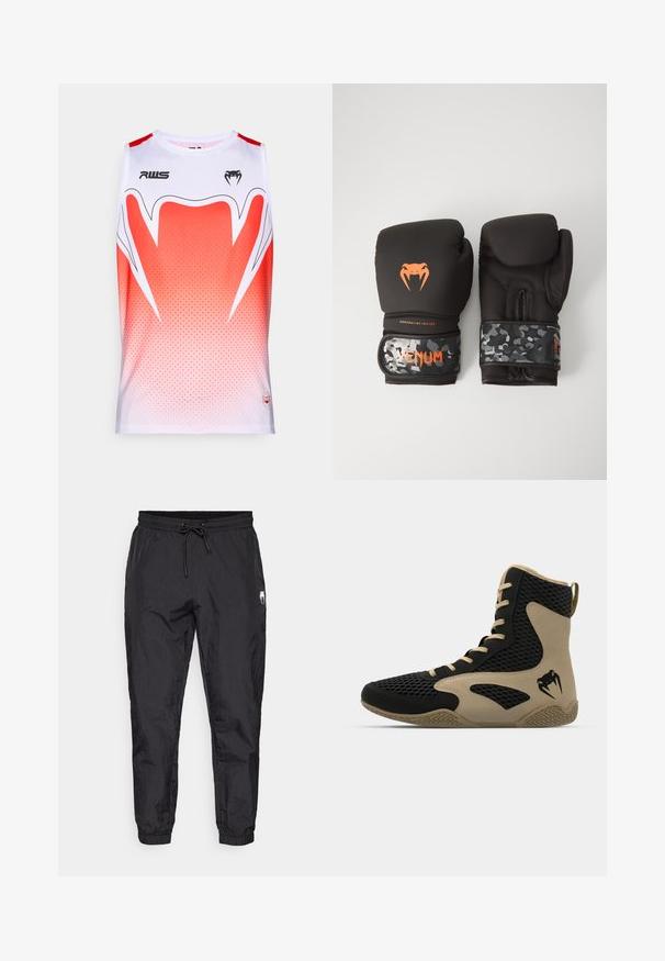 Camisola atlética sem mangas em branco e vermelho degradê, com um padrão geométrico, decote redondo e logótipos da marca na frente.; Calças de jogging leves e pretas, com uma cintura elástica e cordão, pernas afuniladas e um acabamento texturizado subtil.; Sapatilha desportiva de cano alto com um exterior em malha preta e detalhes em bege. Sola de borracha texturada e detalhe do logótipo na lateral.; Luvas de boxe pretas com acabamento mate e design ergonómico. Detalhes do logótipo em laranja e tiras de pulso com padrão de camuflagem.