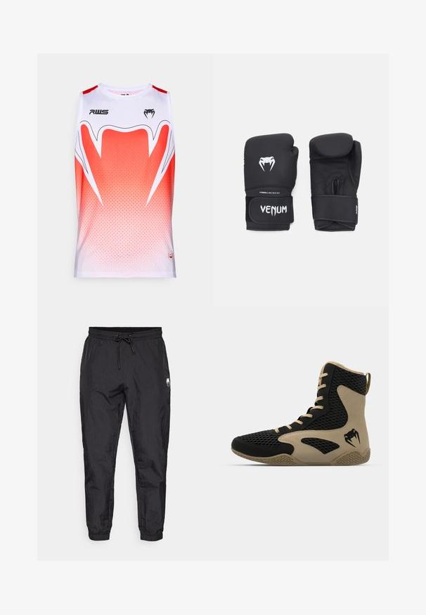 Bezruký športový tričko v bielej farbe s červeným gradientom, s geometrickým vzorom, okrúhlym výstrihom a logami značky vpredu.; Čierne, ľahké jogger nohavice s elastickým pásom a šnúrkou, s užšími nohavicami a jemnou textúrovanou úpravou.; Vysoké športové topánky s čiernou sieťovinou a béžovými akcentmi. Štruktúrovaná gumová podrážka a detail loga na boku.; Čierne boxerské rukavice so hladkým povrchom, s bielym logom Venom a nastaviteľným strapom na suchý zips pre zabezpečené uchytenie.