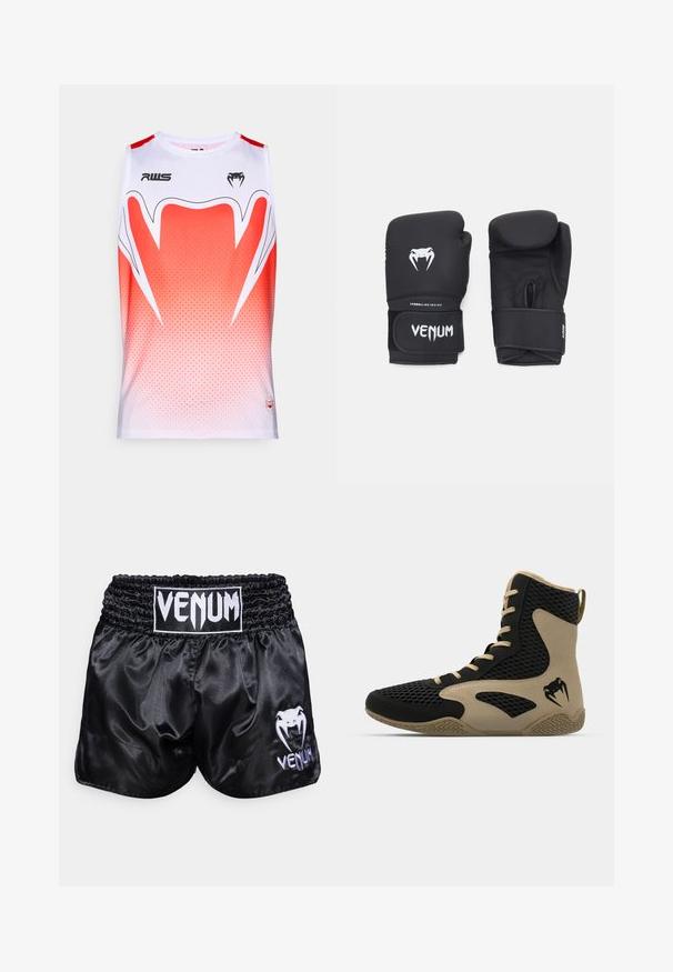 Tricou sport fără mâneci, de culoare albă cu un gradient roșu, având un model geometric, guler rotund și logo-uri ale mărcii pe față.; Pantaloni scurți de box din satin negru, cu un tiv elastic; prezintă un logo alb și un design cu șarpe pe piciorul stâng. Textură netedă.; Pantofă sport de tip high-top cu un exterior din plasă neagră și accente bej. Talpă din cauciuc texturat și detaliu logo pe lateral.; Mănuși de box negre cu o textură netedă, având un logo alb Venom și o curea ajustabilă cu velcro pentru o fixare sigură.