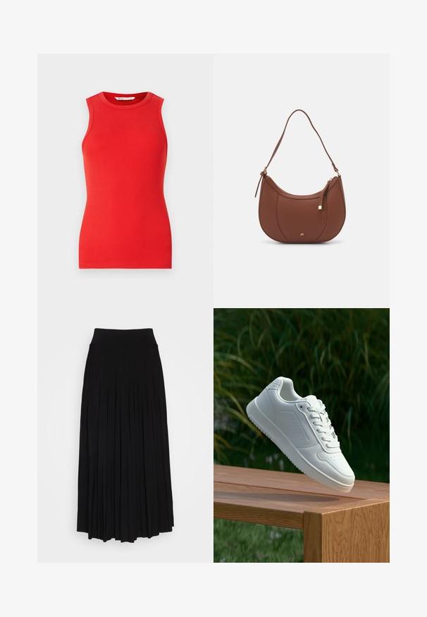 Rød ærmeløs top lavet af ribbet materiale, med en rund halsudskæring og tætsiddende design, uden udsmykninger eller mønstre.; Sort plisseret nederdel med et højt, strækbart taljebånd. Lavet af blødt stof, med lodrette plisseringer for en flydende silhuet.; Hvid sneaker med en glat syntetisk overdel, perforeret tåboks, flade snørebånd og en tekstureret sål, præsenteret på en træoverflade.; Brun faux læder skuldertaske med buet form, minimal syning og en guldtonet hardwaredetalje. Har en top lynlåslukning og justerbar rem.