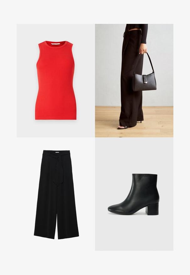 Raudona be rankovių viršutinė dalis, pagaminta iš suribotų medžiagų, turinti apvalų iškirpimą ir prigludusį siluetą, be papuošimų ar raštų.; Juoda plačių kojų kelnės, pagamintos iš tekstūruoto audinio, su elastingu juosmeniu ir atsegamu diržu juosmenyje, leidžiančiu reguliuoti dydį.; Juodos odinės aulinės botai su smailiu priekiniu pirštu ir storu kulnu. Lygus tekstūra su minimaliomis detalėmis ir elegantišku, tvirtai priglundančiu dizainu.; Juodas rankinė struktūrizuota forma, lygi tekstūra ir metalinis užsegimas. Suporuota su plačiomis juodomis kelnėmis ir atvirais bateliais ant medinių grindų.
