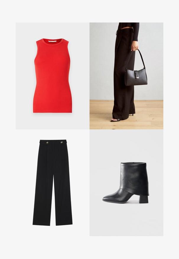 Piros ujjatlan blúz bordázott anyagból, kerek nyakú és testhez simuló kialakítással, díszítések és minták nélkül.; Fekete, bő szárú nadrág magas derékkal, gombos részletekkel a derékrészen és elülső pliszékkal.; Fekete bőr bokacsizma, hegyes orral, sima felülettel és strukturált blokk sarokkal. Magas, hajtott szegéllyel rendelkezik.; Fekete kézi táska strukturált formával, sima textúrával és fémből készült záródással. Széles fekete nadrággal és nyitott orrú szandállal párosítva, fából készült padlón.