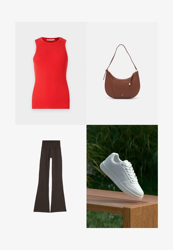 Punane ilma varrukateta topp, mis on valmistatud ribakattest, ümmarguse kaelusega ja keha külge keha ligi, ilma kaunistuste või mustriteta.; Tumedast pruunist flared-silmased retuusid laia, soonikuga vöökohtaga. Valmistatud pehmest ja venivast materjalist, ilma nähtavate õmblusteta ja riistvara elementideta.; Valged sneakerd, millel on sile sünteetiline ülemine osa, väikeste aukudega varvaskast, lamedad paelad ja tekstuuriga tald, eksponeeritud puidust pinnal.; Pruun faux nahast õlaline kott, millel on kaarjas kuju, minimaalne õmblemine ja kuldse tooni metallist aksessuaar. Omab ülemist tõmblukku ja reguleeritavat rihma.