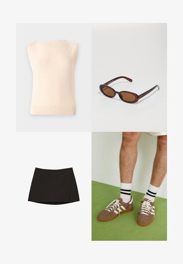 Ärm-lös, ljusbeige stickad tröja med en strukturerad mönster, rund halsringning och ribbad fåll. Minimalistisk design med en mjuk finish.; Svart minikjol i slätt tyg, med rak design, sidospjäll och ren fåll. Enkel och mångsidig.; Bruna mockaskor med vita detaljer och snören. Gummisula i beige. Bärs med vita strumpor med svarta ränder. Grön strukturerad golvyta.; Runda, bruntonade solglasögon med en glansig bordeauxfärgad ram. Smala bågar med subtilt varumärkesdetalj. Platt linsdesign.