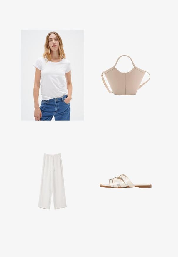 Biela tričko s krátkym rukávom a okrúhlym výstrihom, vyrobené z mäkkého materiálu, v kombinácii s modrými džínsami s klasikým strihom a dizajnom s piatimi vreckami.; Biele široké nohavice vyrobené z ľahkej tkaniny. Obsahujú elastický pás so sťahovacou šnúrkou a bočné vrecká. Hladká textúra.; Ploché sandále s hnedou gumovou podrážkou, navrhnuté s tromi prekrývajúcimi sa bielymi koženými popruhmi a malou mašličkou uprostred.; Béžová kožená kabelka s unikátnym tvarom, vybavená dvoma krátkymi uchami a jedným dlhým nastaviteľným popruhom. Hladký povrch s minimálnym kovovým príslušenstvom.