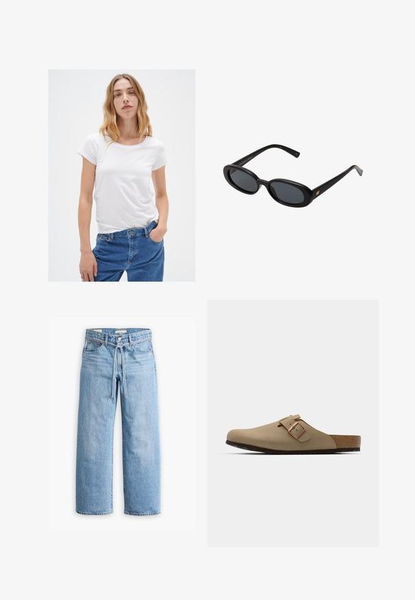 Bílý tričko s krátkým rukávem a kulatým výstřihem, vyrobené z měkkého materiálu, spojené s modrými džíny s klasickým střihem a pěti kapsami.; Světle modré džínové široké kalhoty s vysokým pasem, zapínáním na knoflík a zip, a šňůrkou v pase. Obroušené zakončení.; Bežové dřeváky s kulatou špičkou, nastavitelným sponovým detailem a korkovou stélkou. Texturovaný povrch s černou gumovou podrážkou pro lepší přilnavost.; Černé oversized sluneční brýle s oválnými čočkami, hladkým plastovým rámem a zlatými akcenty na spáncích. Tmavé čočky poskytují ochranu před sluncem.