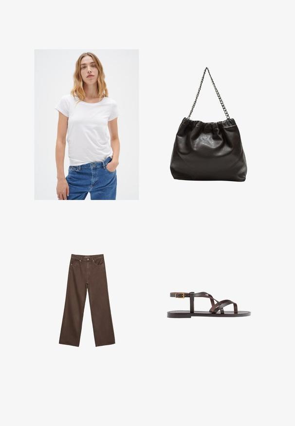 Vit t-shirt med kort ärm och rund halsringning, tillverkad av mjukt material, i kombination med blå jeans med klassisk passform och femfickorsdesign.; Breda bruna jeans i denim med hög midja, framfickor och klassisk knäppning. Slät textur med subtil sömnad.; Bruna lädersandaler med korsade remmar, spänne runt vristen och en platt sula med minimala sömnadsdetaljer.; Brun läderväska med rynkad topp och kedjesnodd. Slät textur med en blankslipad yta och subtila sömdetaljer på sidorna.