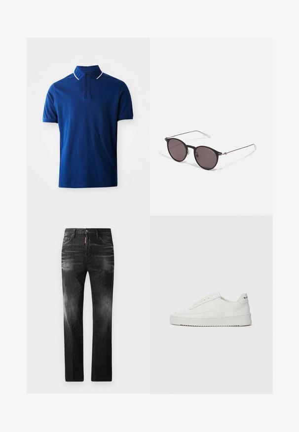 Pánská modrá polo košile s krátkým rukávem, třemi tmavými knoflíky a límečkem s jemným reliéfním textem a bílým lemováním.; Černé džíny z denimu se rovnými nohavicemi. Obsahují vybledlé oblasti, drobné poškození, klasický pětikapsový design a zapínání na knoflík.; Bílé kožené tenisky s hladkým povrchem, kulatou špičkou, plochými tkaničkami a texturovanou podrážkou. Na patě se nachází nenápadné logo.; Černé kulaté sluneční brýle s tmavými skly a tenkými kovovými nohami. Obsahují průhledné koncovky nožiček a stříbrné akcenty na pantu. Minimalistický design.