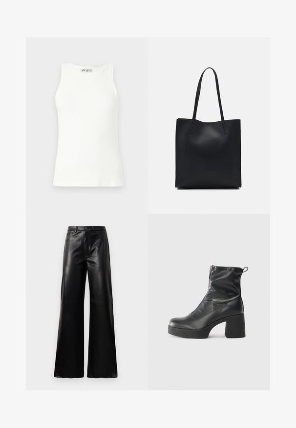 Ujjatlan fehér bordás top, kerek nyakkivágással és testhez simuló fazonnal. Simább textúra és diszkrét márkacímke a gallérnál.; Fekete, magas derekú, széles lábú, műbőr nadrág elülső gombbal, cipzárral, övbújtatókkal és oldalsó zsebekkel, fehér háttérrel.; Fekete bokacsizmák sima bőrből, oldalsó cipzárral, vastag, texturált sarkú és lekerekített orrú dizájnnal.; Fekete bőrtáska sima felszínnel, téglalap alakú, két hosszú füllel. Nincs látható fémkiegészítő vagy díszítés.