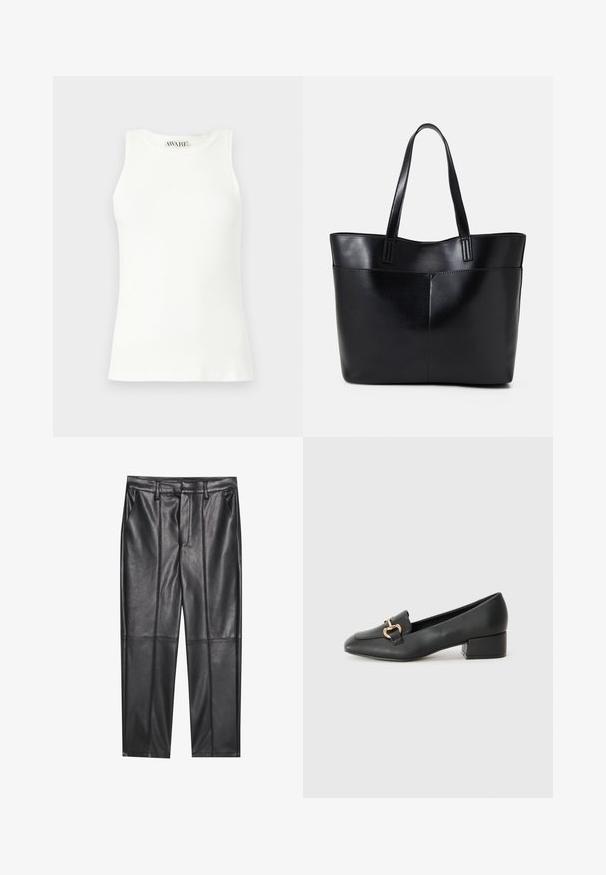 Mouwloze witte geribbelde tanktop met een ronde halslijn en een aansluitende pasvorm. Gladde textuur en subtiel merklabel bij de kraag.; Zwarte leren broeken met een gladde textuur, voorzien van een rechte pasvorm, twee voorzakken en zichtbare naaddetail.; Zwarte lederen instappers met een platte hak, met een decoratieve gouden hardware detail aan de voorkant en een gladde textuur.; Zwarte leren tote bag met twee lange handvatten, een zachte textuur en een gestructureerde vorm. Voorzien van een voorvak voor extra opslagruimte.