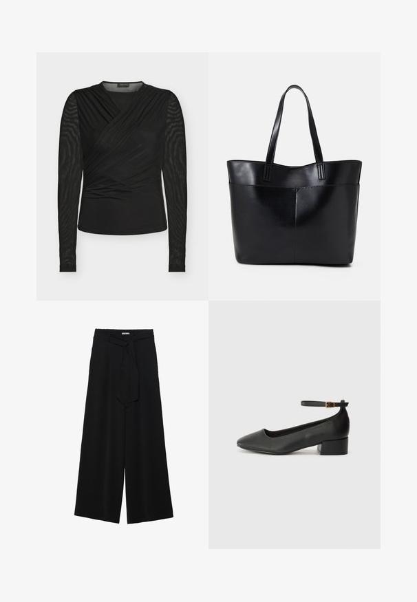 Black long-sleeve top with a wrap design, featuring a smooth body and textured mesh sleeves, made of stretchable fabric.; Black wide-leg pants featuring a textured fabric, an elastic waistband, and a detachable sash tie at the waist for adjustable fit.; Black leather pump with a pointed toe and a low block heel. Features an ankle strap with a gold-tone buckle. Smooth texture.; Black leather tote bag with two long handles, a smooth texture, and a structured shape. Features a front pocket for additional storage.