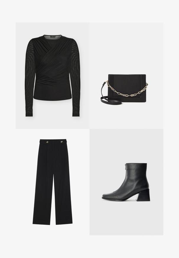 Black long-sleeve top with a wrap design, featuring a smooth body and textured mesh sleeves, made of stretchable fabric.; Black wide-leg trousers with high waist, button details on waistband, and front pleats.; Black leather ankle boot with square toe, side zipper, and block heel against plain light background.; Black leather crossbody bag featuring a smooth texture, rectangular shape, and a metallic chain detail on the front. Adjustable strap included.