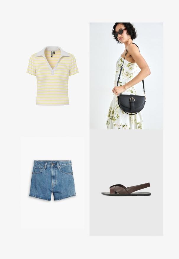Polo top a righe gialle e bianche, corto, con maniche corte, dotato di colletto bianco e scollatura a V. Il tessuto sembra avere una texture a coste.; Shorts in denim blu chiaro, con cinque tasche, chiusura a zip e bottone. L'orlo è sfilacciato e presenta un design a vestibilità rilassata.; Sandalo in pelle marrone con design a cinghia incrociata, suola nera piatta e cinturino posteriore regolabile. Texture liscia e dettagli hardware minimi.; Borsa a tracolla nera in pelle con una forma curva, manico rimovibile e accessori dorati. La borsa presenta una patta con un dettaglio a fibbia.