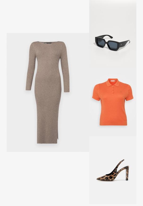 Īsām piedurknēm polo krekls spilgti oranžā krāsā, ar teksturētu adījuma rakstu, trīs pogu aizdari un mazu logotipu virs kreisās krūtis.; Ribota džemperkleita mierīgā taupe krāsā, ar garām piedurknēm, laivu formas kaklu un sānskatām, kas nodrošina brīvību kustībai.; Lāču raksta slingback kurpes ar norādītu purngalu un caurspīdīgu bloku papēdi. Izgatavotas no spīdīgas masas ar gludu tekstūru.; Melnas lielas saulesbrilles ar ģeometrisku dizainu, taisnstūrveida lēcas un spīdīgu apdari. Uz priekša nav redzama zīmola.; Zelta metalizēta sajūga soma ar gludu tekstūru, kuru rotā trīsstūrveida vāks. Rokai, kas to tur, ir kārtīgi apgriezti nagi.; Sudraba auskars ar pulētu apdari, ar maziem zelta akcentiem un apaļu formu, uz ausu ļipiņas.